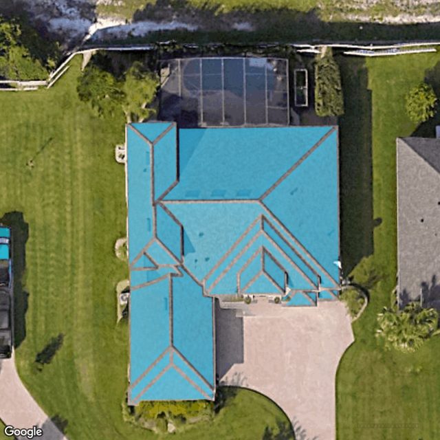 Sample roof report: the roof outline traced in blue over the aerial photo